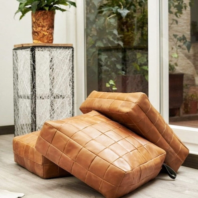 LEATHER POUF - Tan rectangular leather Pouf, Amazing square Ottoman Pouffe Moroccan leather, ottoman rectangular pouf, light offers tan footstool